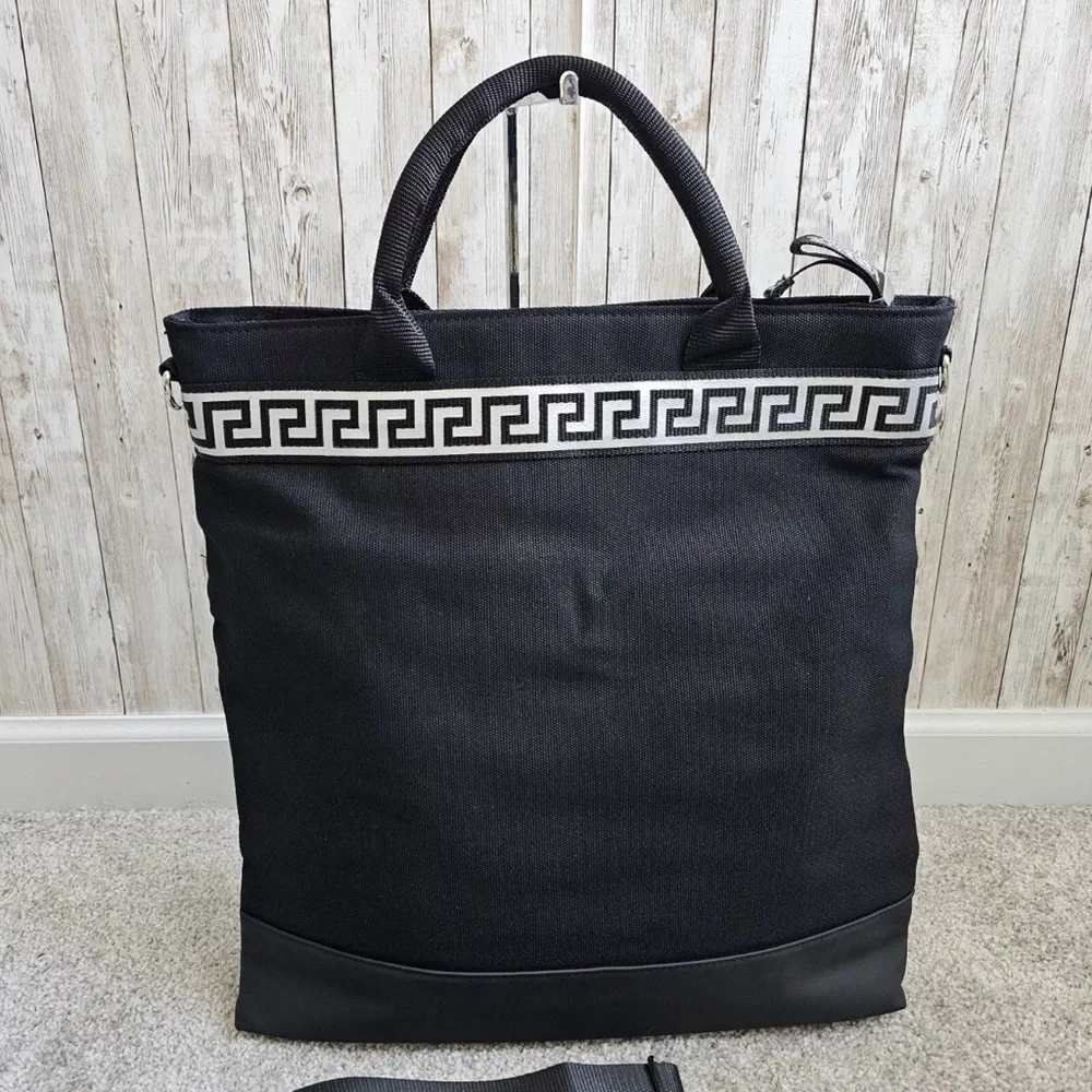 Versace Black Canvas Tote with Greek Key Trim